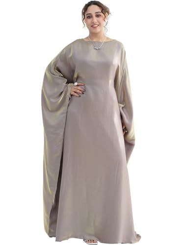 Dubai Bat Sleeve Dress Shiny Robe for Women Muslim 1pc Abaya Eid Prayer Clothes Soft Dubai Travel Party Dress Maxi Abaya - color: Coffee Pinka, size: Large