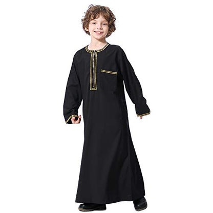 XINNI Arabic Thobe Muslim Thobe Long Sleeve Kaftan Crew Collar Robe with Zipper for Boy - color: Black, size: 7-8 Years