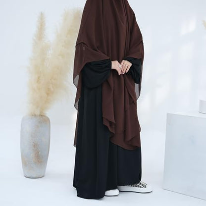 SYANKANGXIAO Ramadan Eid Khimar Abaya Turkey Islam Muslim Chiffon 2 Layers Long Hijab Dress Prayer for Women Full Cover Robe - color: Coffee