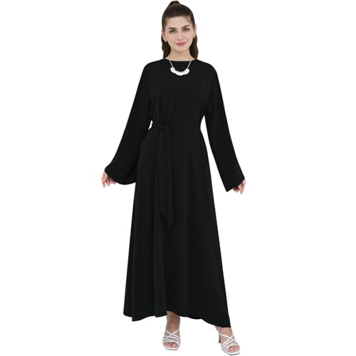 Abaya Dress for Muslim Women Light Smooth Back Zipper Prayer Robe Multiple Colors Flowing Maxi Abaya Dress with Belt - color: Black, size: X-Large