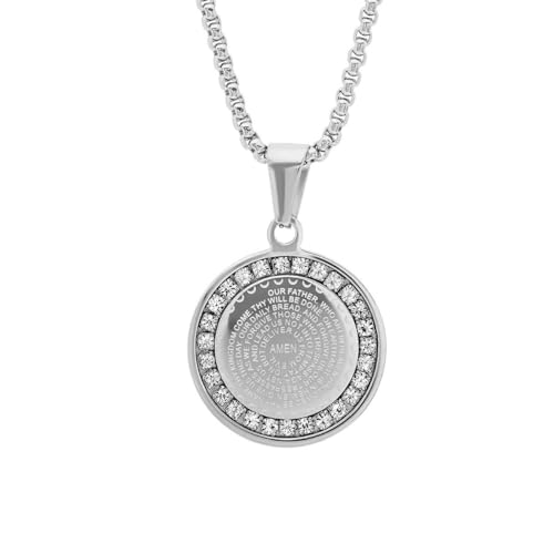 Steeltime Stainless Steel Lords Prayer Necklace with Simulated Diamonds - color: Silver, style: Reversible Round Pendant