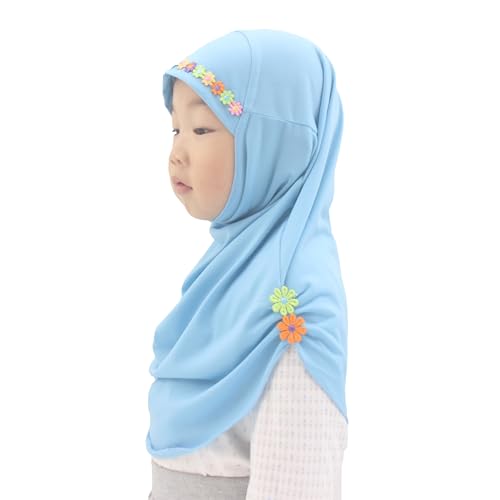 Girls Instant Hijab – Soft Kids Muslim Scarf with Flower, Breathable One-Piece Headscarf for Toddlers Age 2-8 - color: Small Flower-sky Blue