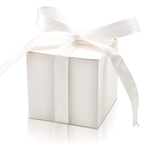 KPOSIYA 100 Pack Favor Boxes 2x2x2 inch Candy Boxes White Gift Boxes with Ribbons for Wedding Baby Shower Decorations Birthday Party Supplies - color: White(Pack of 100)