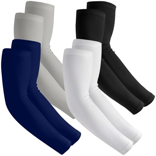 Arm Sleeves for Men and Women Compression UV Sun Protection Tattoo Cover Up Baseball Basketball Football Golf Running - color: 4 Pairs - Black, White, Blue, Gray
