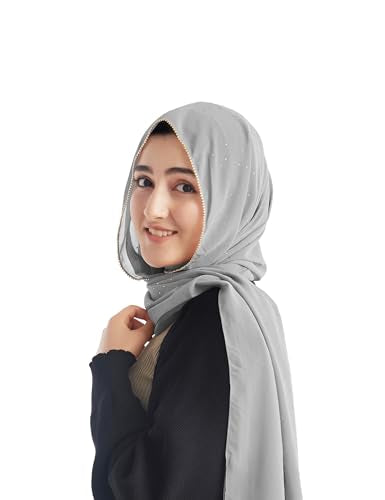 Hijab for Women Premium Chiffon Hijab Rhinestone Hijab Scraf for Women Muslim - color: Light Grey