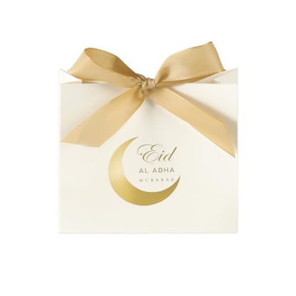 Haozaikeji 20 Pack Eid Party Favor Box, Moon & Castle Pattern, Gold & White, 4.5 x 3.8 Inch, DIY Treat Paper Box with Ribbon Bow, Ideal for Eid Al Fitr Party Supplies - color: gold-moon