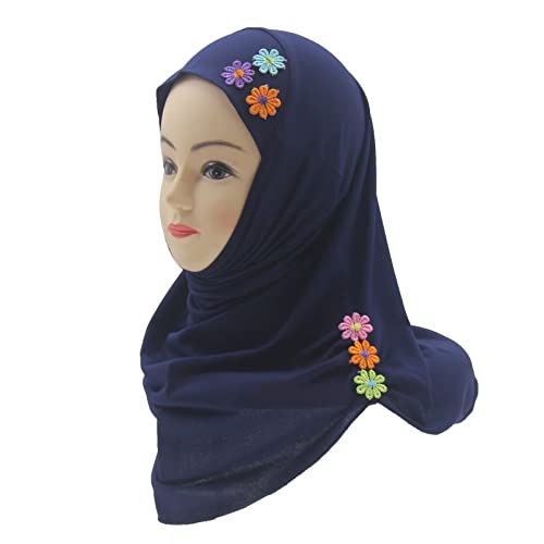 Girls Instant Hijab – Soft Kids Muslim Scarf with Flower, Breathable One-Piece Headscarf for Toddlers Age 2-8 - color: Navy