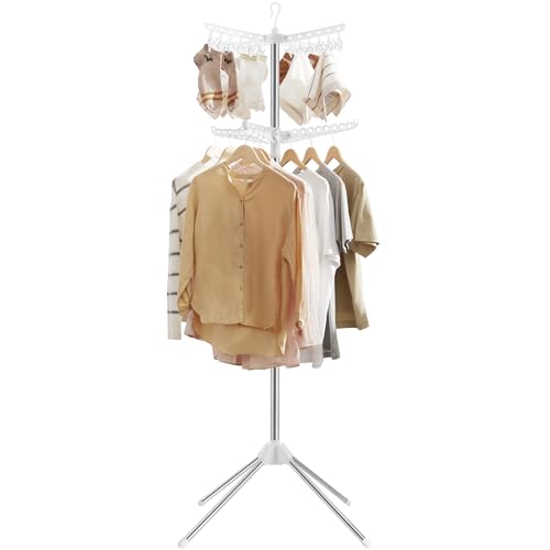 SONGMICS 2단 의류 건조대, 182.9cm(72인치) 접이식 세탁 건조대, 행거용 회전 가능한 팔 3개, 클립 24개, 스테인리스 스틸, 옷 27피스용, 화이트 및 실버 ULLR512W01 - color: 화이트 + 실버, style: 2단 클립