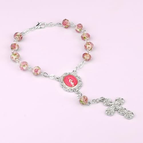 8mm Murano Rose Beads Catholic Virgin Mary Car Rosary for Rearview Mirror with Gift Box - color: White & Pink