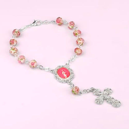 8mm Murano Rose Beads Catholic Virgin Mary Car Rosary for Rearview Mirror with Gift Box - color: White & Pink