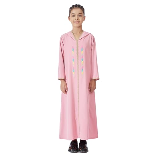 Kids Girls Abaya Muslim Long Sleeve Hooded Lace Embroidered Prayer Dress Arabic Kaftan Dubai Islamic Dresses - color: Pink Hoodies, size: 14-15 Years