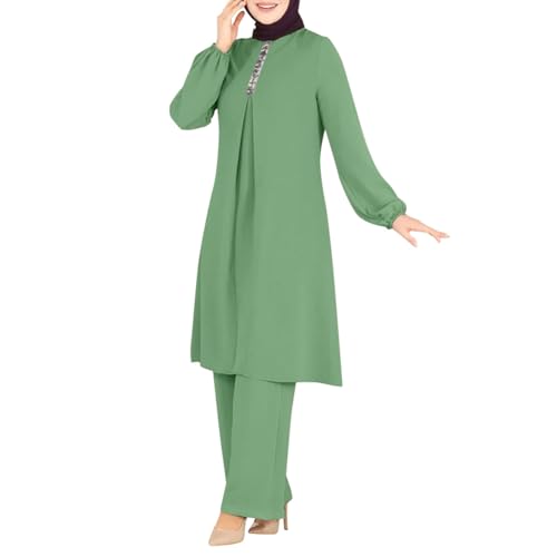 Abayas 여성용 드레스 무슬림 긴소매 루즈 탑 팬츠 2피스 두바이 이슬람 무슬림 여성용 매칭 세트 - color: Green B., size: 3X-Large