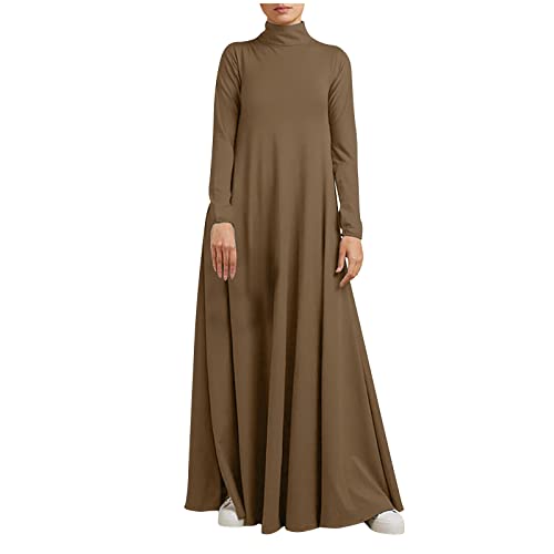 Xiaojmake Women Turtleneck Tunic Dresses Casual Long Sleeve Maxi Dress Long Sleeve Floore Length A Line Long Prayer Dress - color: Brown, size: X-Large
