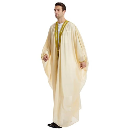 FYMNSI Men's Robe Muslim Clothes Kimono Loose Abaya Dresses Long Sleeve Embroidered Chiffon Kaftan Casual Formal Dubai Thobe - color: Beige, size: X-Large