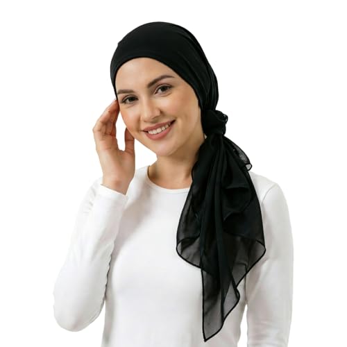 Elastic Band Muslim Headscarf, Chiffon Hijab(70-85cm), Soft Breathable Head Scarf for Daily Wear, Religious Occasions - color: Black