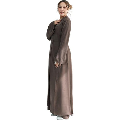 Lenmipot Elegant Middle Eastern Abaya 2pcs Stand Collar Maxi Dress for Women Muslim Jilbab Kaftan Eid Dubai Abaya Outfits - color: Mochaa, size: Large