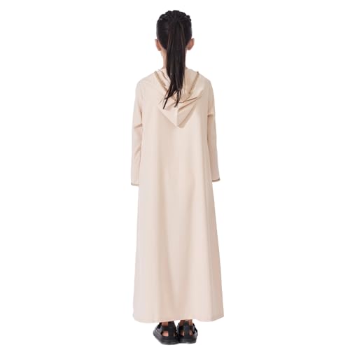 Kids Girls Abaya Muslim Long Sleeve Hooded Lace Embroidered Prayer Dress Arabic Kaftan Dubai Islamic Dresses - color: Beige Hoodies, size: 5-6 Years
