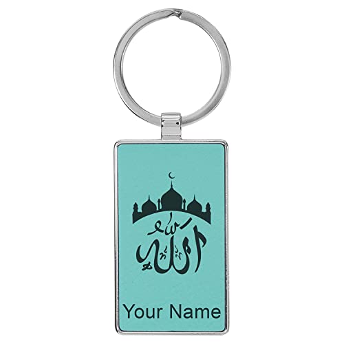 LaserGram Rectangle Keychain, Allah 2, Personalized Engraving Included (Metal Frame) - color: Teal