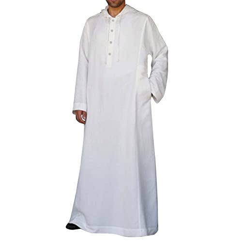 Mens Kaftan Cotton Linen Hooded Long Sleeve Thobe Solid Color Side Pockets Loose Breathable Lightweight Tunic Jubba - color: 04#_white, size: Large
