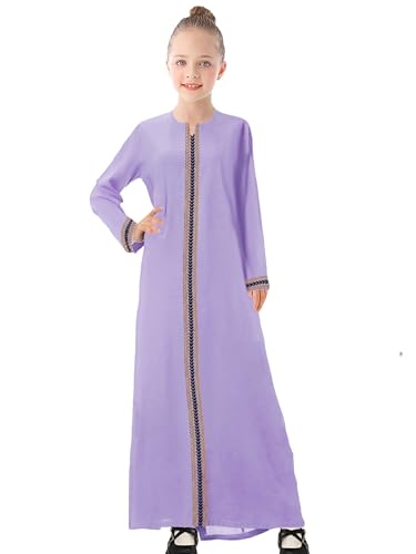 WSPLYSPJY Kids Girls Gold Embroidered Muslim Dress Abaya Long Sleeve Eid Robe Prayer Clothes - color: Light Purple, size: 11-12 Years