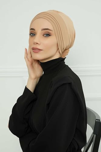 Aisha's Design Instant Turban Head Wraps for Women, Combed Cotton Scarf Lightweight Pre tied Hijab with Back Rose Detail - color: Sand Brown