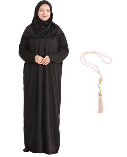 Women Prayer Clothes with Hijab Muslim Outfits Long Robe Abaya Turkish Islamic Dresses Dubai Kaftan with Rosary - color: Brown