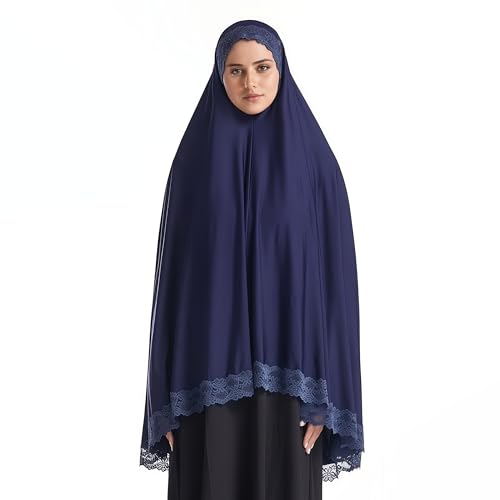 Muslim Hijab for Women Silk Scarf Lace Head Wrap Solid Color Scarves - color: Dark Blue, size: X-Large