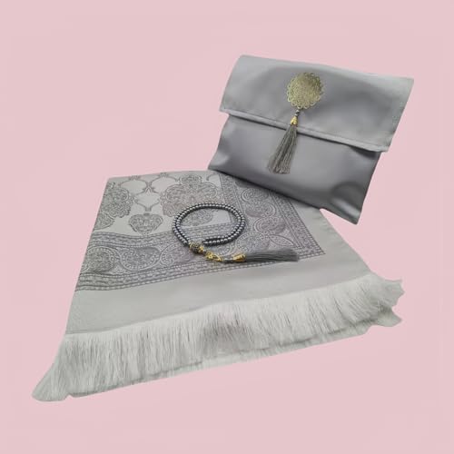 Ramadan & Eid Gift Set - Islamic Prayer Rug with Tasbih Beads, Premium Prayer Mat in Gift Bag or Box, Ideal for Muslim Men & Women (Grey - Bagged) - color: Grey - Bagged