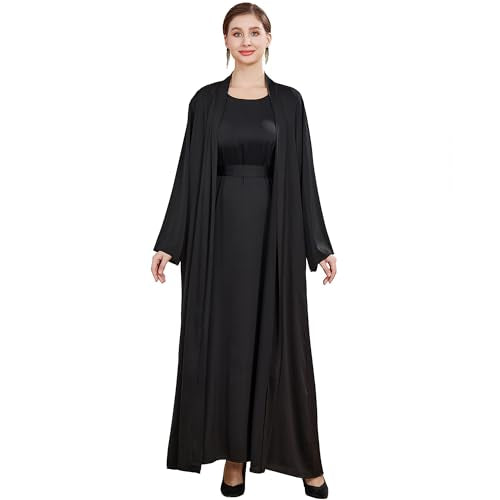 Islamic Abaya Dress for Women Muslim Maxi Abayas 2pcs Silky Fashion Dress Set Daily Kaftan Jilbab Outfit Women Eid Robe - color: Blacka, size: X-Large