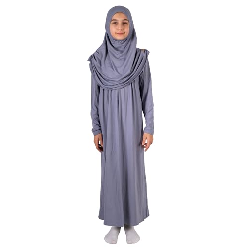 ihvan online Muslim Dress for Girls, Long Sleeve One-Piece Islamic Prayer Dress, Hijab for Kids, Girls Abaya, Islamic Gifts - color: Grey
