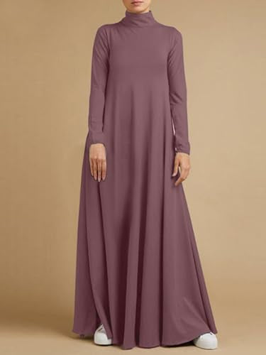WSPLYSPJY Women Girls High Neck Long Sleeve Abaya Muslim Dress Solid Color Prayer Clothes Islamic Robe - color: Purple, size: Medium