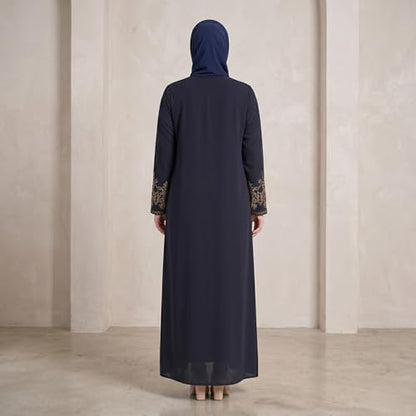 Women's Embroidered Sleeves Abaya and Embroidered On The Side of The Zipper Long Sleeve Floor Length Turkish Fashion - color: Navy Blue, size: Large