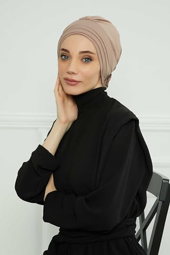 Aisha's Design Instant Turban Head Wraps for Women, Combed Cotton Scarf Lightweight Pre tied Hijab with Back Rose Detail - color: Cappuccino