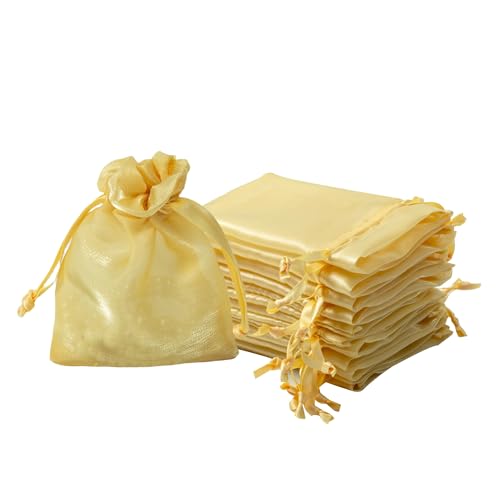 QIANF 20 Pcs Gold Small Organza Bags 3X4 inch for Wedding Favors with Drawstring, Mini Mesh Gift Bags Jewelry Pouch for Candy Bridal Shower Party Favor Baby Shower Christmas - color: Gold, size: 3x4"