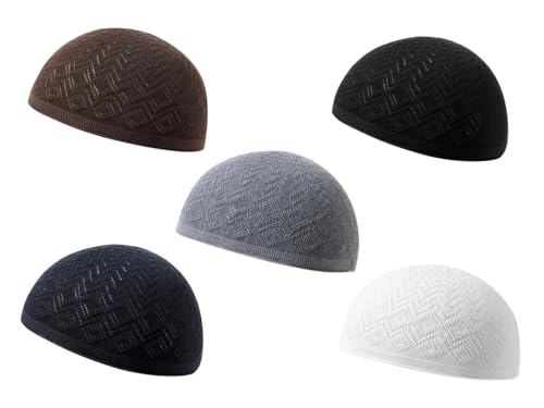 5PCS Men Kufi Hats, Muslim Crochet Cap, Breathable Skull Cap, Islam Beanie Hats, Stretchy Helmet Liner, Prayer Cap, Muslim Men Women (5 Colours)