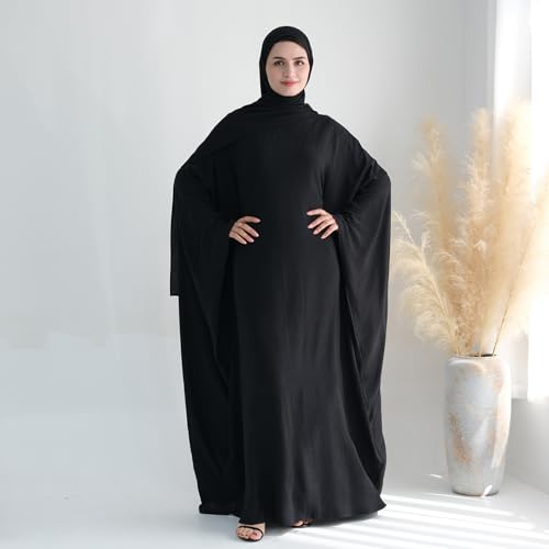 ODIZLI Abayas For Women Muslim Dubai Full Cover Kaftan Shirt Dress Batwing Sleeve Prayer Dress With Hijab - color: Black + Hijab, size: One Size