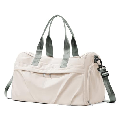 Gym Bag for Women Men with Shoe Compartment, Sport Duffel Bag, Waterproof Travel Weekender Overnight Carry on Bag for Yoga with Trolley Sleeve, Beige Green - color: A7-Beige Green