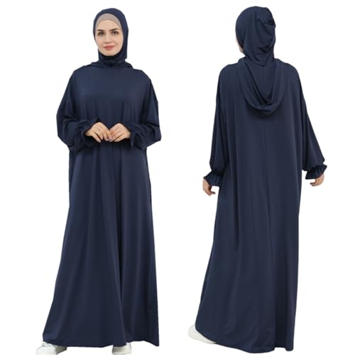 Muslim Dress for Women Pakistani Kaftan Abaya Robe Arabic Islamic Prayer Clothes Dubai Outfits - color: Dark Blue