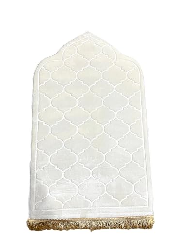 Soft Thick Prayer Rug Mat - Anti-Slip Bottom, Tassel Design, Plush Comfort, Hot Melt Embossing Durable Beautiful Allah Muslim Durable Ramzan Eid Hajj (White, 45x26) - color: White