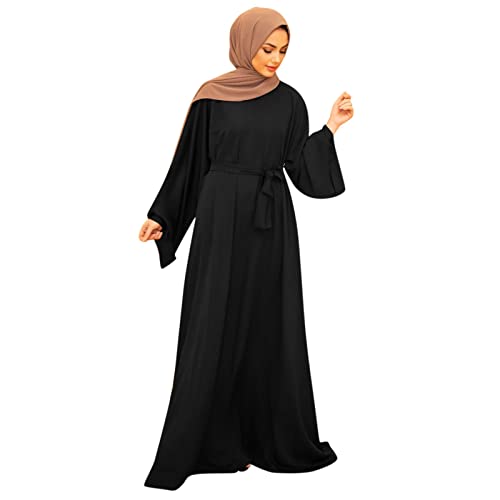 Prayer Dress for Women Muslim Long Sleeve A Line Elegant Maxi Dress Casual Wedding Party Maxi Dresses with Belt - color: Black, size: X-Large
