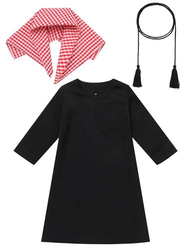 IDOPIP Muslim Baby Boys Prayer Clothes Kaftan Thobe Arabic Islamic Abaya Dubai Robe with Head Scarf + Rope Ramadan Eid Outfit - color: Black, size: 2-3T