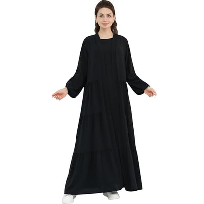 Women Muslim Abaya Dress 2PCS Soft Flowing Cardigan Dress Set Islamic Dubai Modest Kaftan Prayer Robe - color: Black, size: Medium
