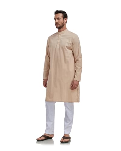 Jacansi Men's Cotton Linen Kaftan Thobe, Button Henley Long Sleeve Muslim Dress Robe - color: Khaki, size: X-Large