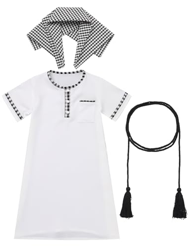 IDOPIP Muslim Baby Boys Ramadan Eid Outfit Kaftan Thobe Arabic Islamic Abaya Dubai Robe Prayer Clothes with Head Scarf + Rope - color: White, size: 6-12 Months