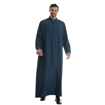 IWEMEK Muslim Thobe for Men Kaftan Thobe with Pockets Middle East Saudi Arabic Robe Ramadan Caftan Dubai Islamic Abaya Dress - color: Dark Blue, size: Small