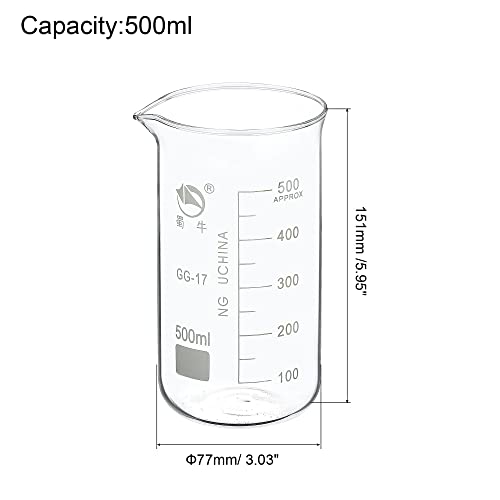 PATIKIL 500ml Tall Form Glass Beaker, 2 Pack 3.3 Borosilicate Glass Graduated Printed Scale Measuring Cups with Spout for Kitchen Lab Liquids Transit Boiling - size: 500ml