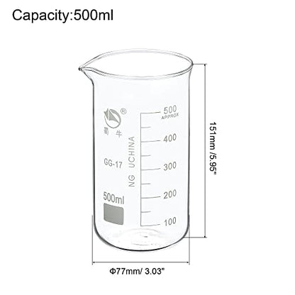 PATIKIL 500ml Tall Form Glass Beaker, 2 Pack 3.3 Borosilicate Glass Graduated Printed Scale Measuring Cups with Spout for Kitchen Lab Liquids Transit Boiling - size: 500ml