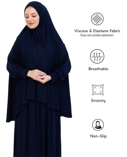 Prien Soft Prayer Dress For Women, Muslim Abaya Hijab Set, Long Turkish Cotton Praying Outfit, Islamic Clothes For Ramadan - color: Navy Blue