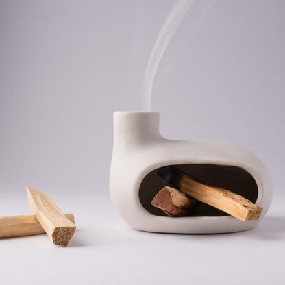 MOUGIGI Modern Palo Santo Holder Ceramic Burner for Meditation and Energy Cleansing - Handcrafted Smudge Bowl for Wood Sticks, Sage, and Incense Cones - color: Matte Clay -White