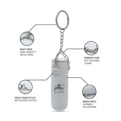 Mini Boxing Glove & Punching Bag Keychain Set – PU Leather Keyring Sports Lovers Gift & Gifts For Men (3 pcs) - color: White